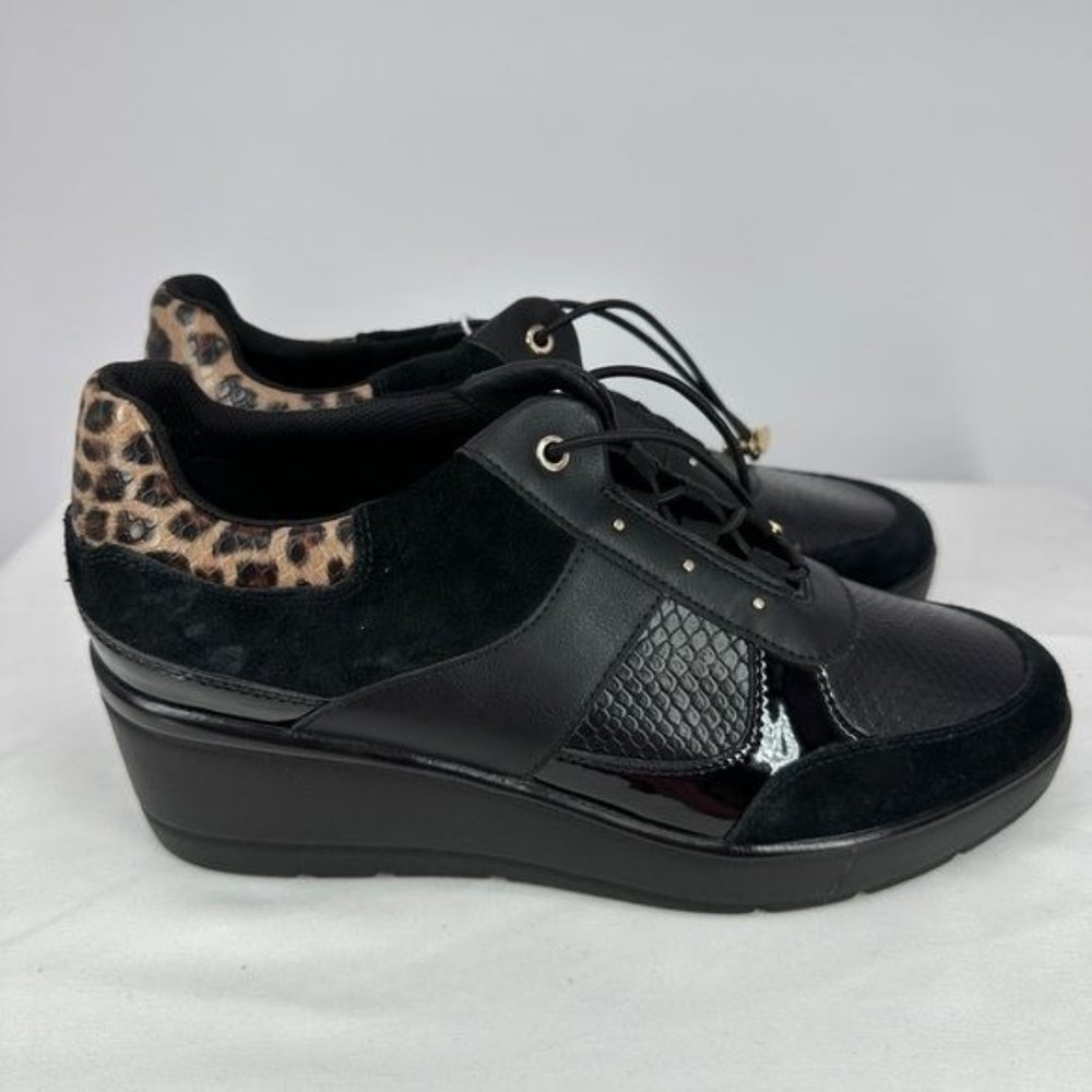 Respira Geox | NWT Women’s 9 Black Suede Leopard Trim Wedge Sneakers - Picture 4 of 13
